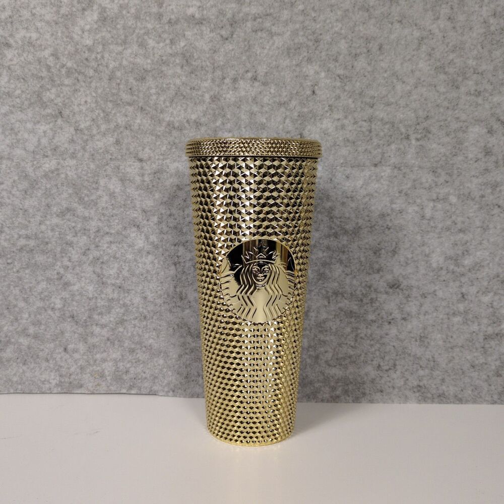 Starbucks Metallic Gold Platinum Studded Cold Cup Tumbler 24 oz Lid - NO STRAW